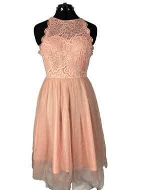 L girl's high neck sleeveless pink lace tulle balletcore short mini dress